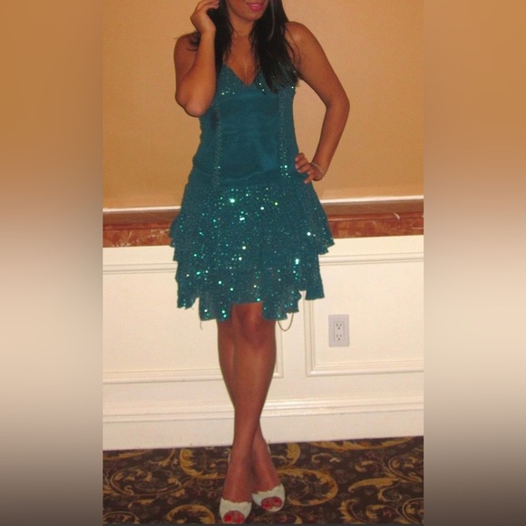 Bebe Silk Blended Sequin Mini Drop  Waist Dress Women Size L US - Picture 1 of 6